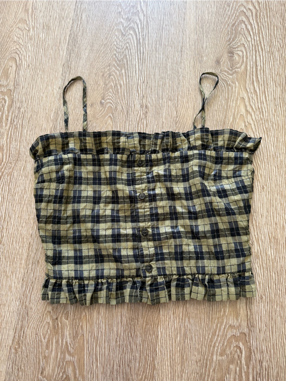 Ganni Plaid Ruffle Crop Top in Olive and Black
